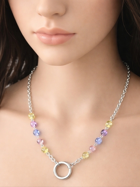 Jewelry - Multi Color Beads Silver Chain Hoop Necklac - 24-inch Fashion Jewelry
